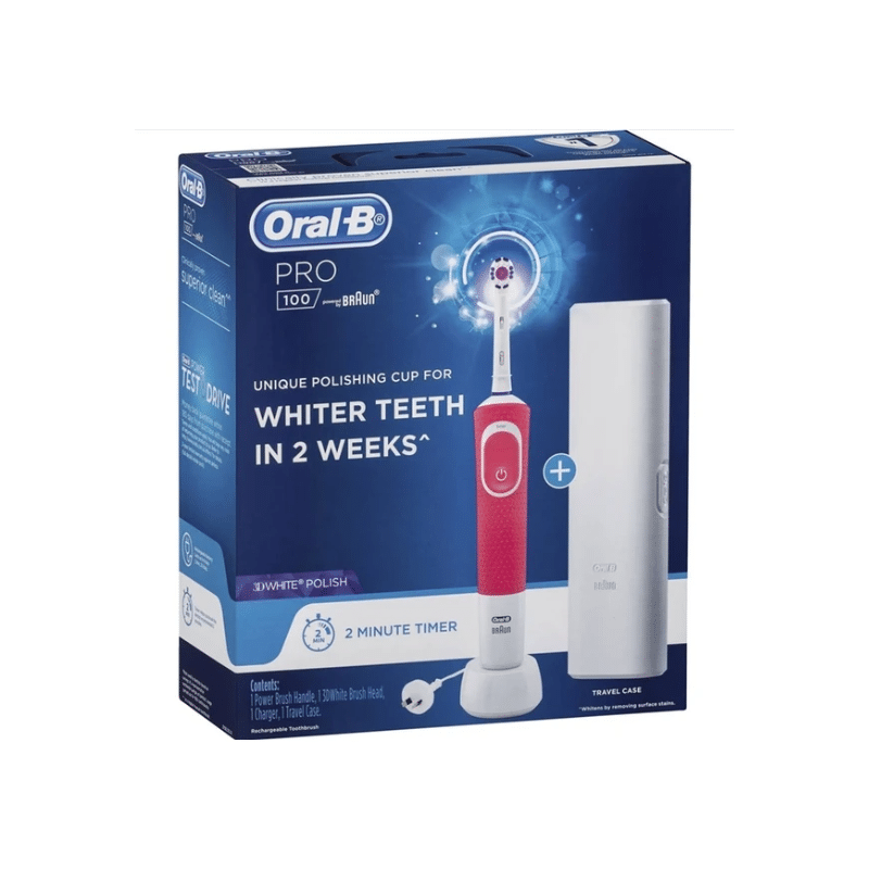 מברשת שיניים חשמלית Oral-B Pro 100 3D ורודה + קייס נשיאה ניקוי עוצמתי וטכנולוגיית 3D של בראון